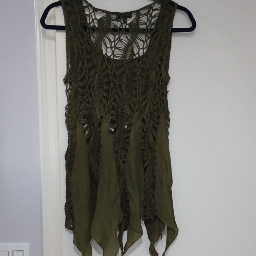Love J Bohemian, Cottagecore, Fairy Vibe Olive Sleeveless Crochet Knit Top - Picture 5 of 5